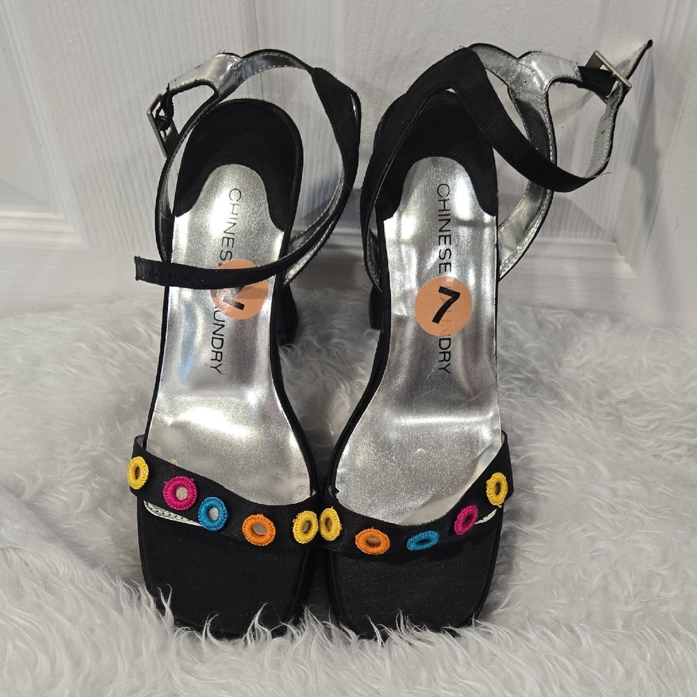 Chinese Laundry Black Strappy Sandals Heels Size 7 Colorful Beaded Accents